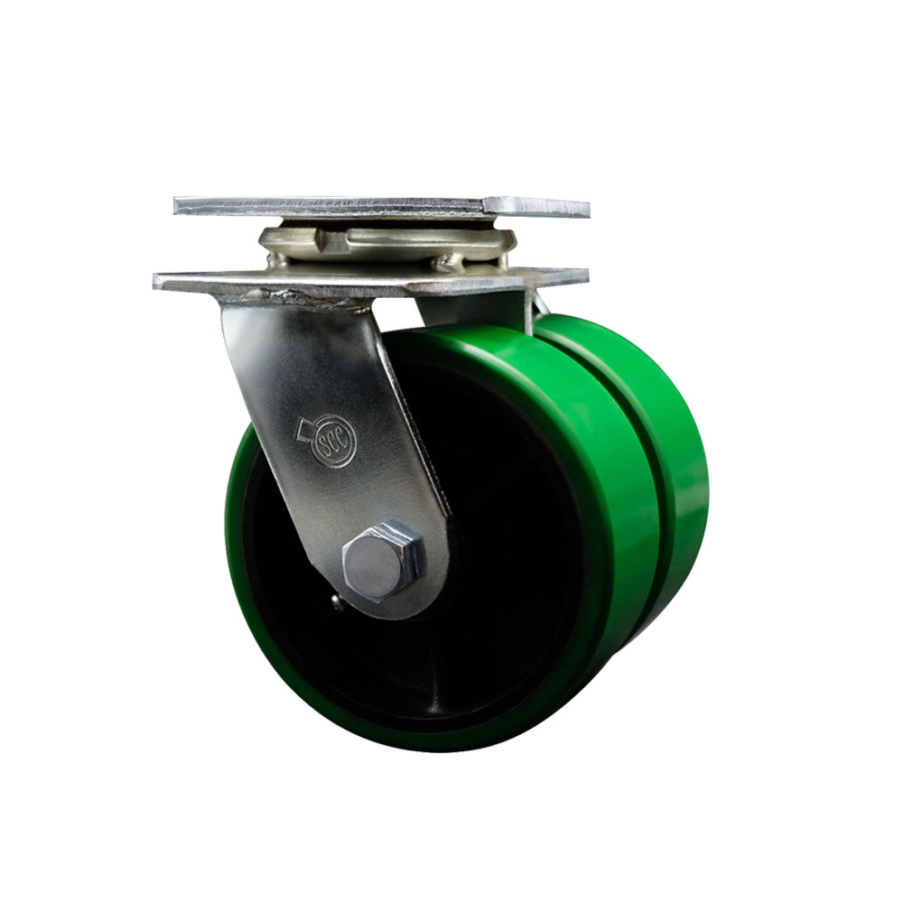 Heavy Duty Swivel Top Plate Caster with Dual 5 in. Green Polyurethane on Cast Iron Wheels & Ball Bearings - 1250 lbs Capacity per Caster