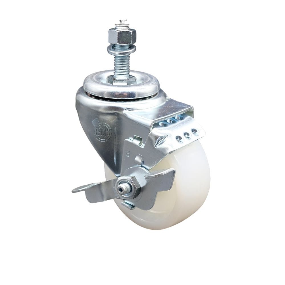 SCC-SSTS20S314-NYS-TLB-121315 Stainless Steel Nylon Swivel Threaded Stem Caster with 3 x 1.25 in. White Wheel & 0.5 in. Stem & Top Locking Brake