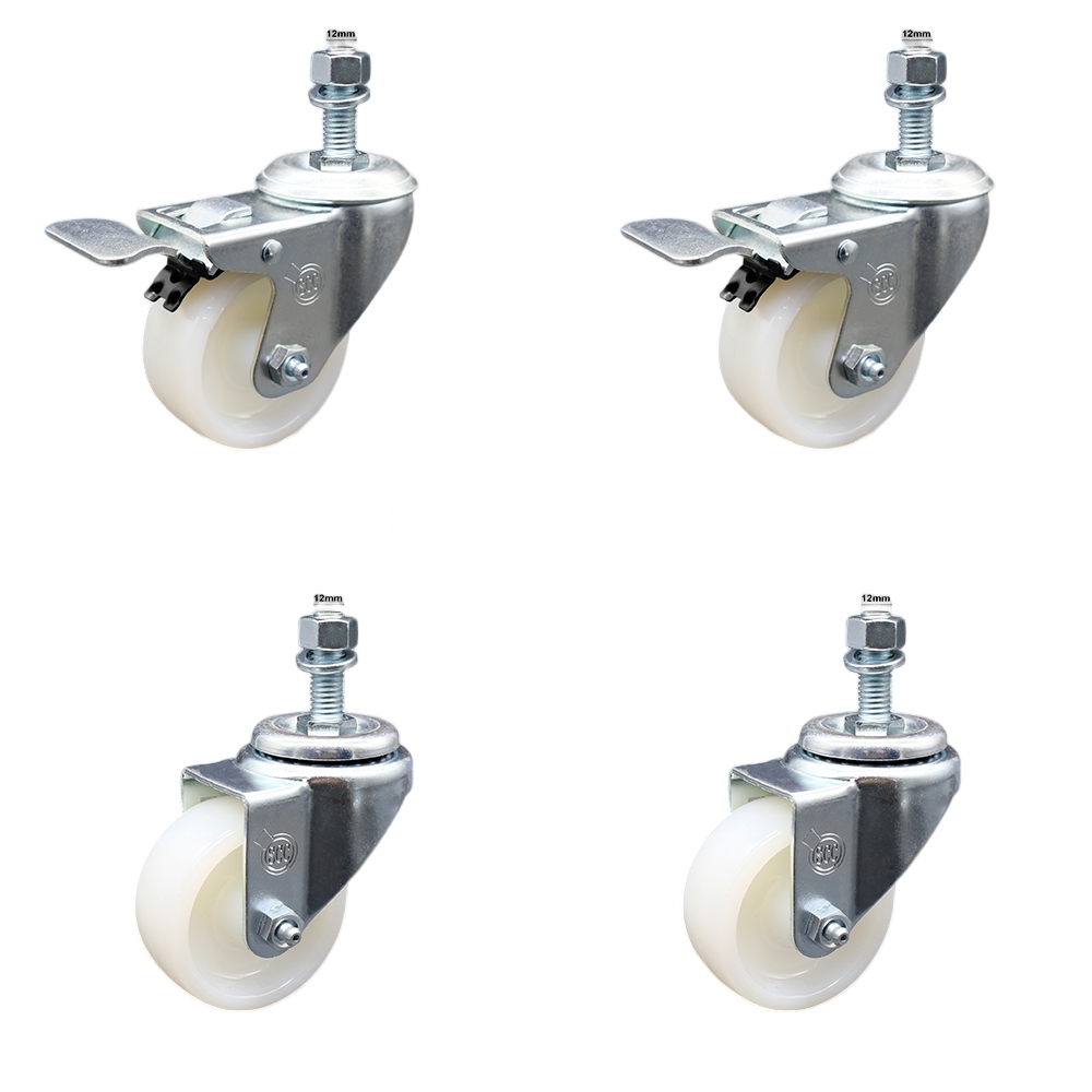 SCC-SSTSTTL20S314-NYS-M1215-2-S-2 Stainless Steel Nylon Swivel Threaded Stem Caster with 3 x 1.25 in. White Wheels & 12 mm Stems - Set of 4