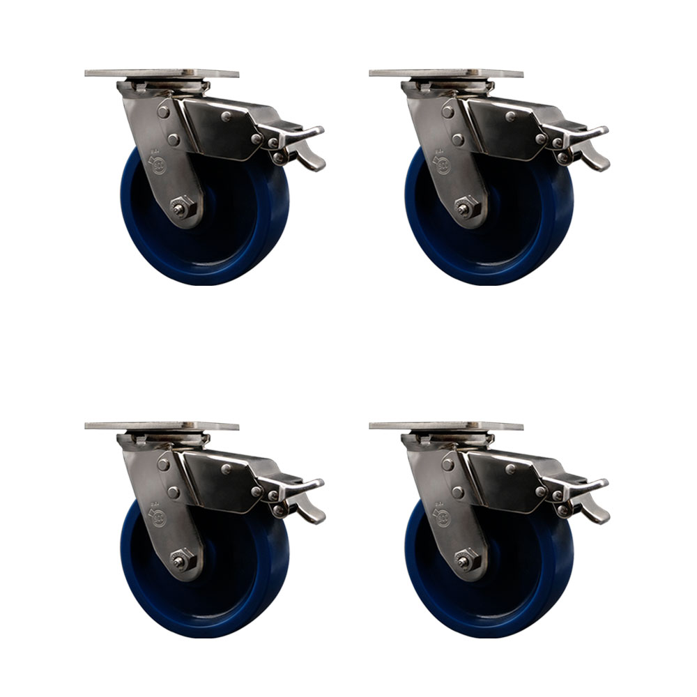 316 Stainless Steel Heavy Duty Swivel Caster with 6 in. Solid Polyurethane Wheels & Ball Bearings - 4800 lbs Total Capacity - Set of 4