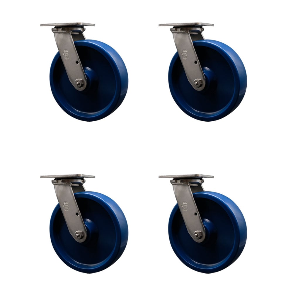316 Stainless Steel Heavy Duty Swivel Caster with 8 in. Solid Polyurethane Wheels & Ball Bearings - 4800 lbs Total Capacity - Set of 4