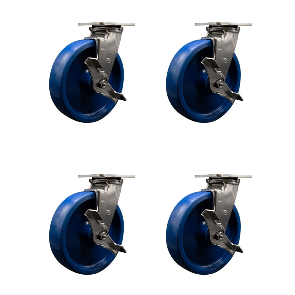 316 Stainless Steel Heavy Duty Swivel Caster with 8 in. Solid Polyurethane Wheels & Ball Bearings - 4800 lbs Total Capacity - Set of 4