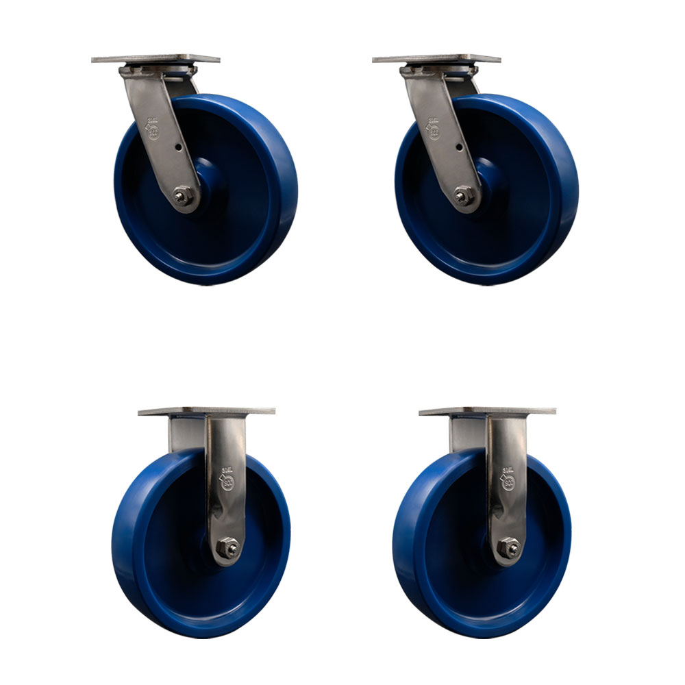 316 Stainless Steel Heavy Duty Swivel Caster with 8 in. Solid Polyurethane Wheels & Ball Bearings - 4800 lbs Total Capacity - Set of 4