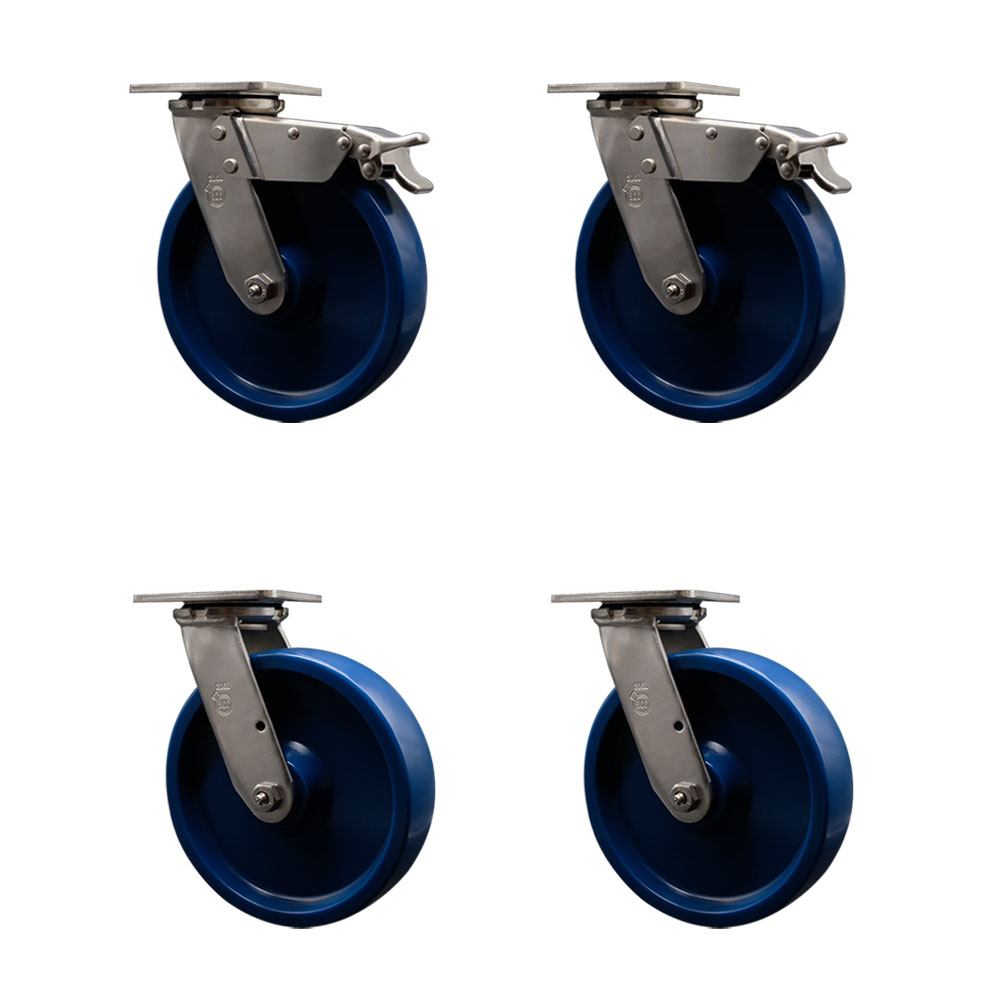 316 Stainless Steel Heavy Duty Swivel Caster with 8 in. Solid Polyurethane Wheels & Delrin Bearings - 4800 lbs Total Capacity - Set of 4