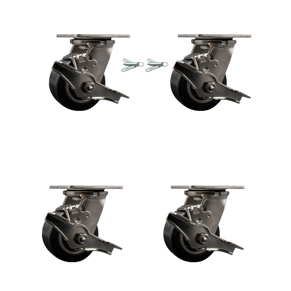 SCC-SS31630S420-RAB-TLB-BSL-2-TLB-2 316 Stainless Steel Heavy Duty Swivel Caster Set with 4 in. Rubber on Aluminum Wheels & Ball Bearing
