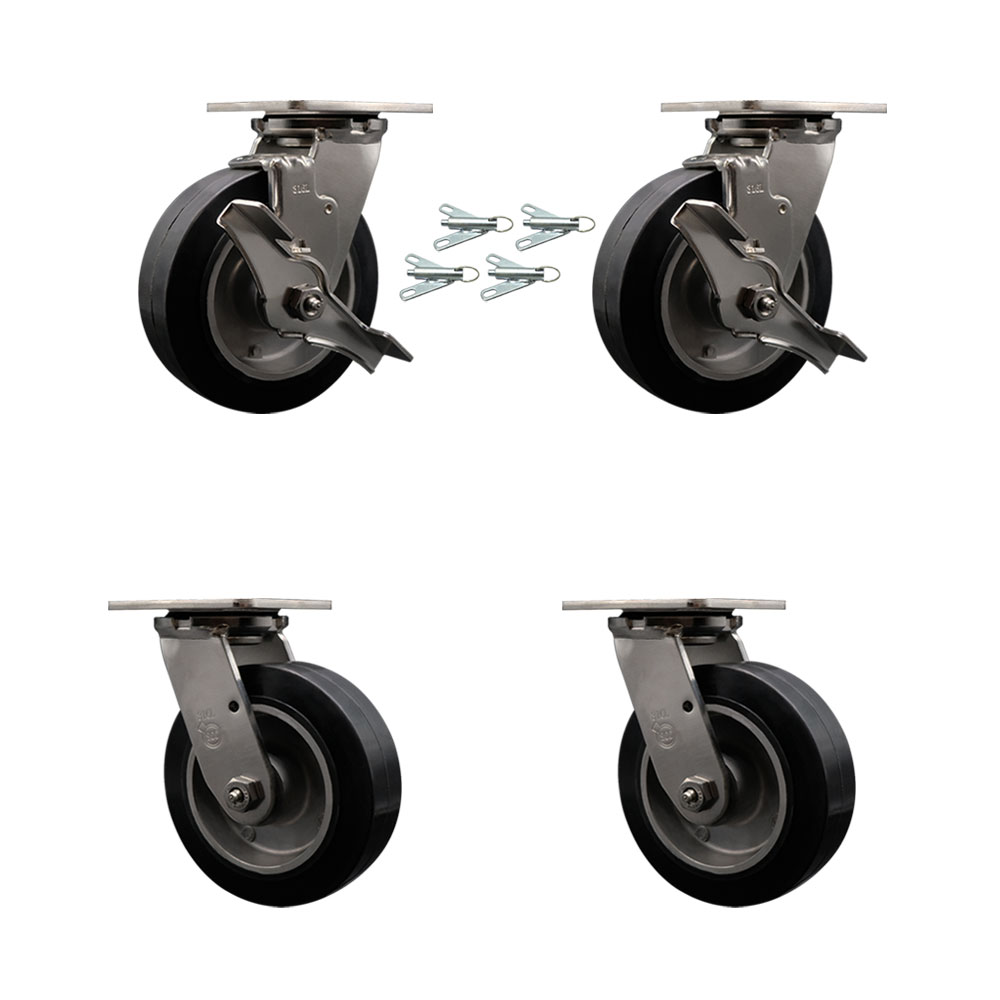 SCC-SS31630S620-RAB-TLB-BSL-2-BSL-2 316 Stainless Steel Heavy Duty Swivel Caster Set with 6 in. Rubber on Aluminum Wheels & Ball Bearing