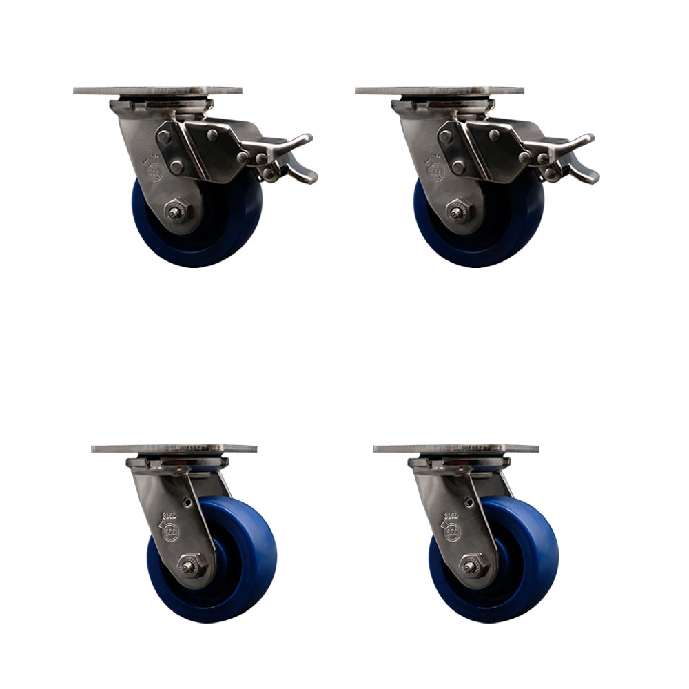316 Stainless Steel Heavy Duty Swivel Caster with 4 in. Solid Polyurethane Wheels & Delrin Bearings - 2800 lbs Total Capacity - Set of 4