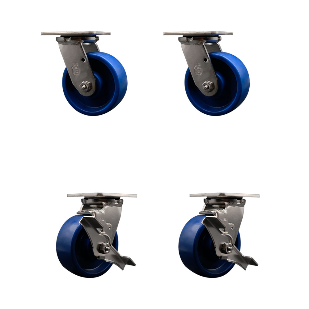 316 Stainless Steel Heavy Duty Swivel Caster with 5 in. Solid Polyurethane Wheels & Delrin Bearings - 4000 lbs Total Capacity - Set of 4