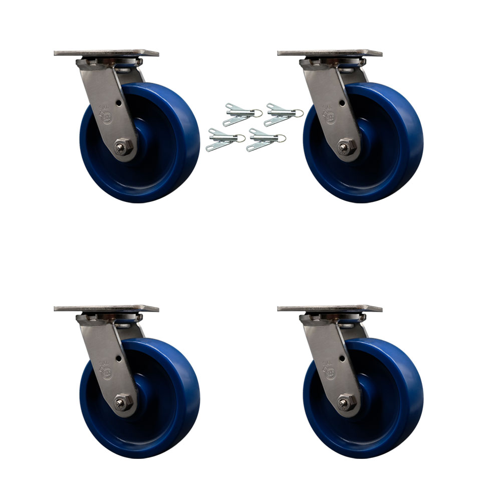 316 Stainless Steel Heavy Duty Swivel Caster with 6 in. Solid Poly Wheels & Delrin Bearings - 4800 lbs Total Capacity - Set of 4