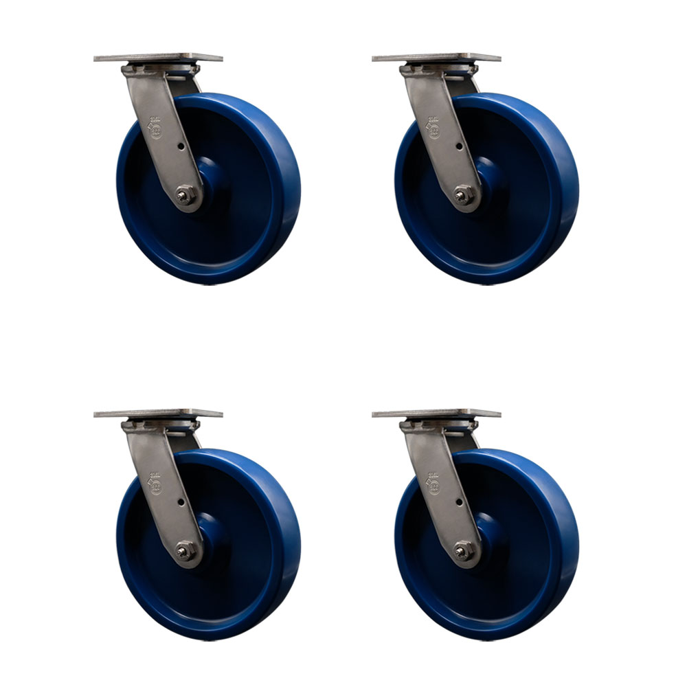 316 Stainless Steel Heavy Duty Swivel Caster with 8 in. Solid Polyurethane Wheels & Delrin Bearings - 4800 lbs Total Capacity - Set of 4