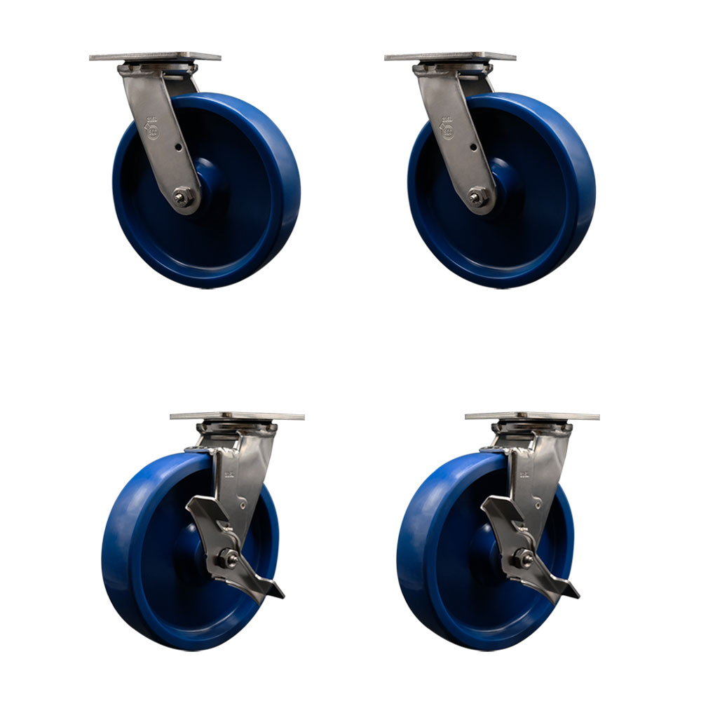 316 Stainless Steel Heavy Duty Swivel Caster with 8 in. Solid Polyurethane Wheels & Delrin Bearings - 4800 lbs Total Capacity - Set of 4