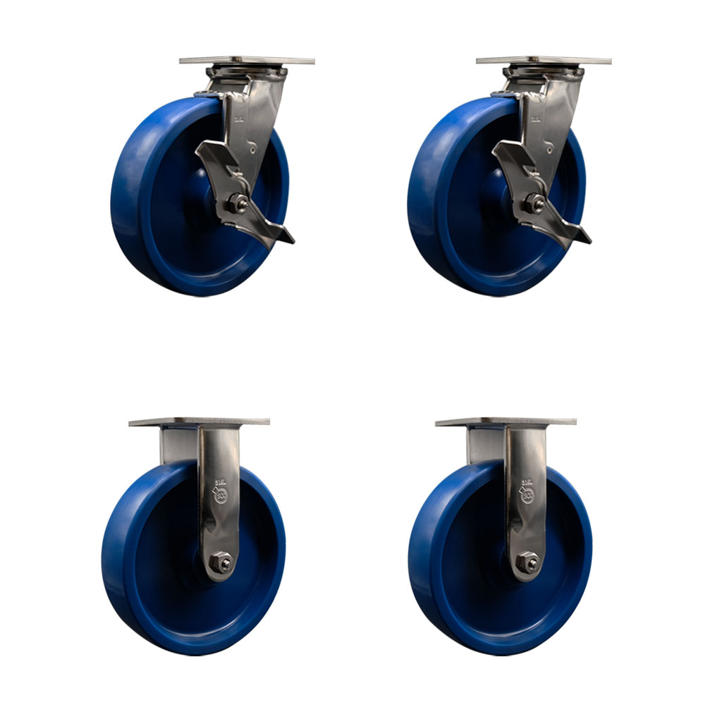 316 Stainless Steel Heavy Duty Swivel Caster with 8 in. Solid Polyurethane Wheels & Delrin Bearings - 4800 lbs Total Capacity - Set of 4