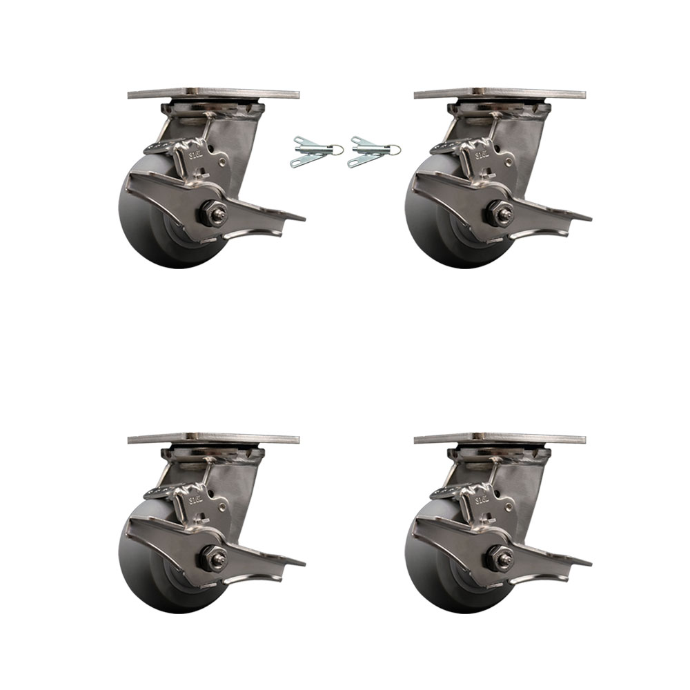 316 Stainless Steel Heavy Duty Swivel Caster Set with 4 in. Thermoplastic Rubber Donut Tread Wheels & Ball Bearing