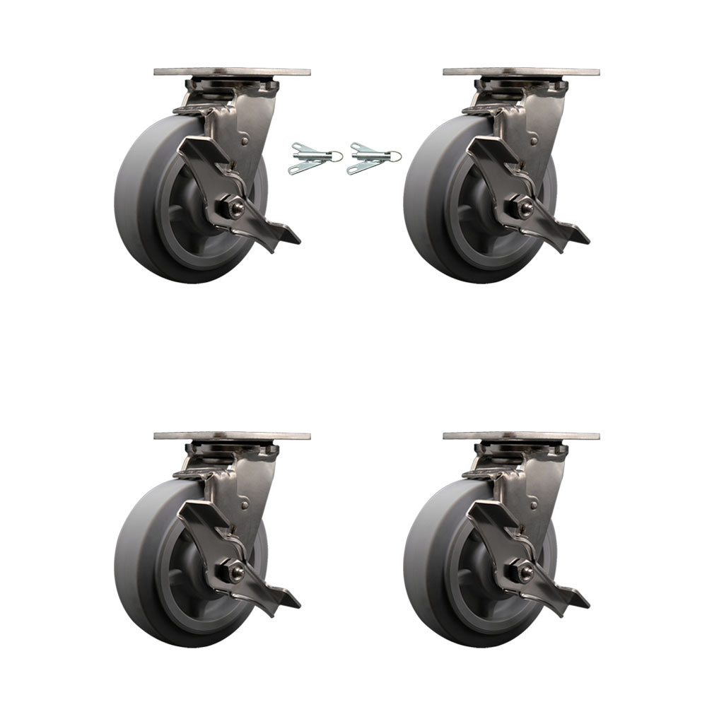 316 Stainless Steel Heavy Duty Swivel Caster Set with 6 in. Thermoplastic Rubber Flat Tread Wheels & Ball Bearing