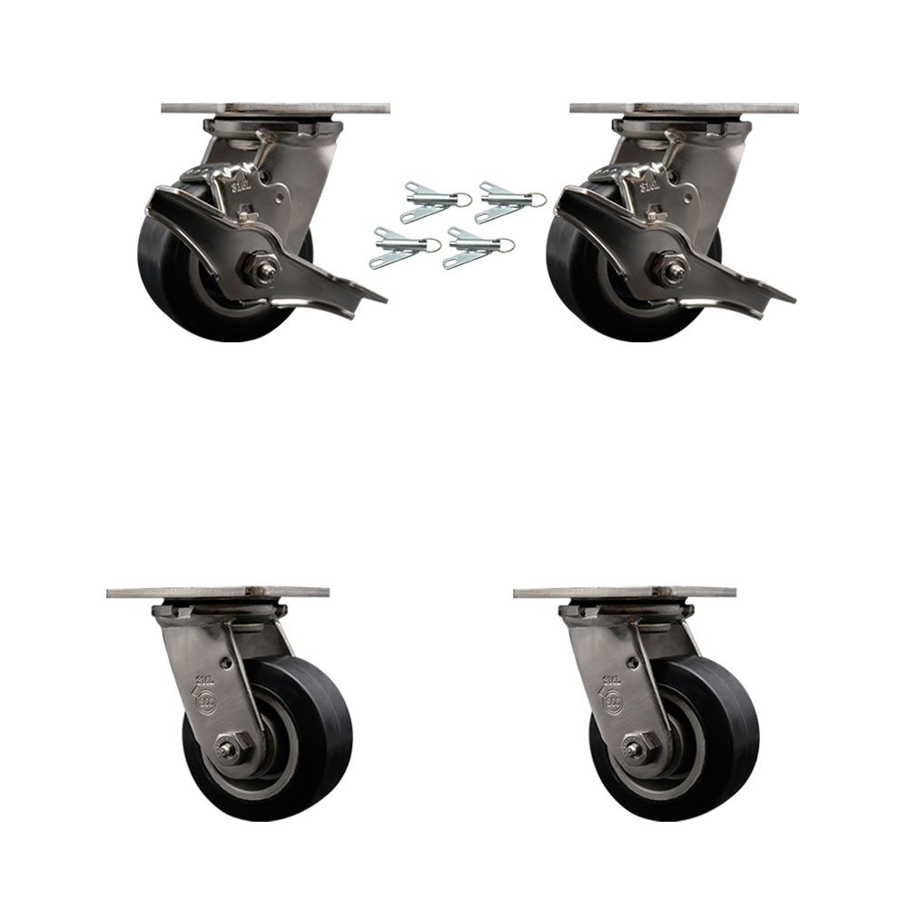 SCC-SS31630S420-RAB-TLB-BSL-2-BSL-2 316 Stainless Steel Heavy Duty Swivel Caster Set with 4 in. Rubber on Aluminum Wheels & Ball Bearing