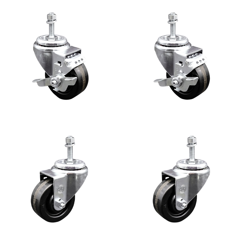 SCC-TS20S314-PHS-M1015-2-TLB-2 Phenolic Swivel Threaded Stem Caster with 3 x 1.25 in. Black Wheels & 10 mm Stems - Set of 4