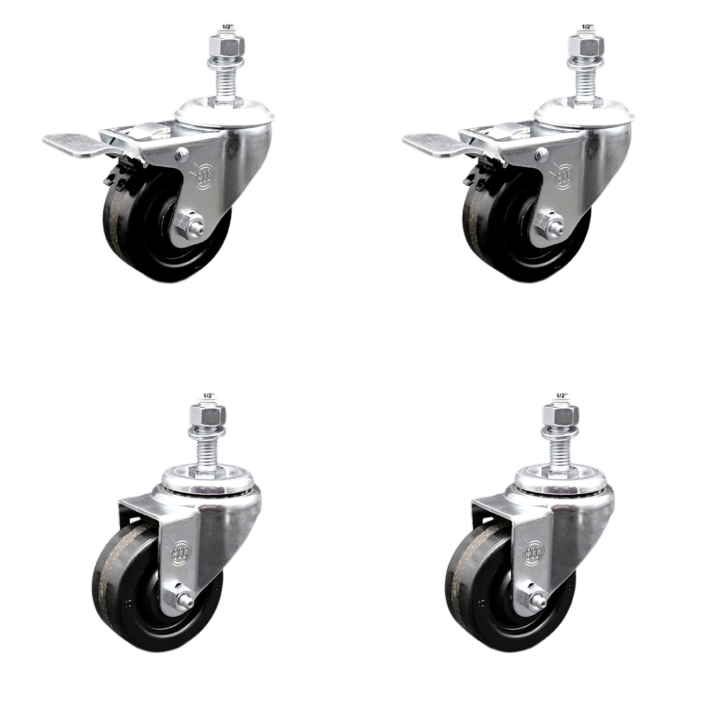 SCC-SSTSTTL20S314-PHS-121315-2-S-2 Stainless Steel Phenolic Swivel Threaded Stem Caster with 3 x 1.25 in. Black Wheels & 0.5 in. Stems - Set of 4