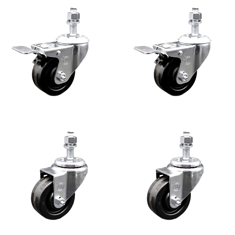 SCC-SSTSTTL20S314-PHS-M1215-2-S-2 Stainless Steel Phenolic Swivel Threaded Stem Caster with 3 x 1.25 in. Black Wheels & 12 mm Stems - Set of 4