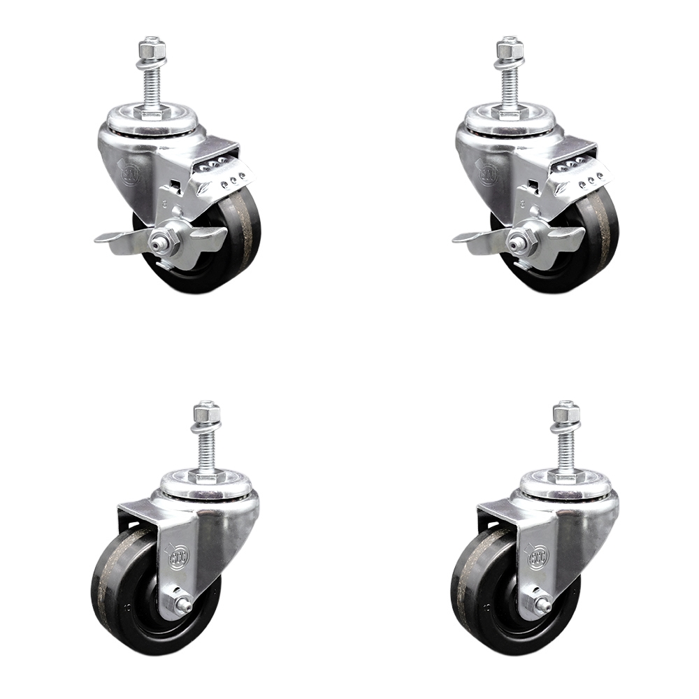 SCC-SSTS20S3514-PHS-M1015-2-TLB-2 Stainless Steel Phenolic Swivel Threaded Stem Caster with 3.5 x 1.25 in. Black Wheels & 10 mm Stems - Set of 4