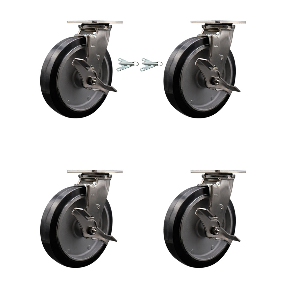 SCC-SS31630S820-RAB-TLB-BSL-2-TLB-2 316 Stainless Steel Heavy Duty Swivel Caster Set with 8 in. Rubber on Aluminum Wheels & Ball Bearing