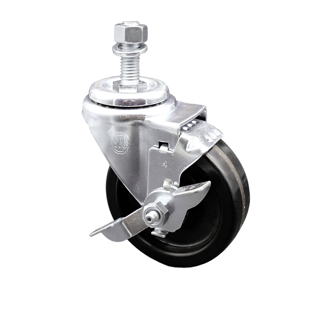 SCC-TS20S414-PHS-TLB-M1215 Phenolic Swivel Threaded Stem Caster with 4 x 1.25 in. Black Wheel & 12 mm Stem & Top Locking Brake