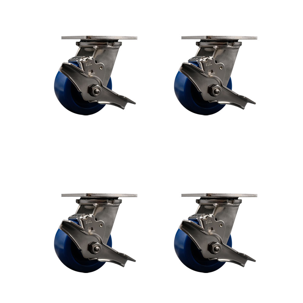 316 Stainless Steel Heavy Duty Swivel Caster with 4 in. Solid Polyurethane Wheels & Ball Bearings - 2800 lbs Total Capacity - Set of 4