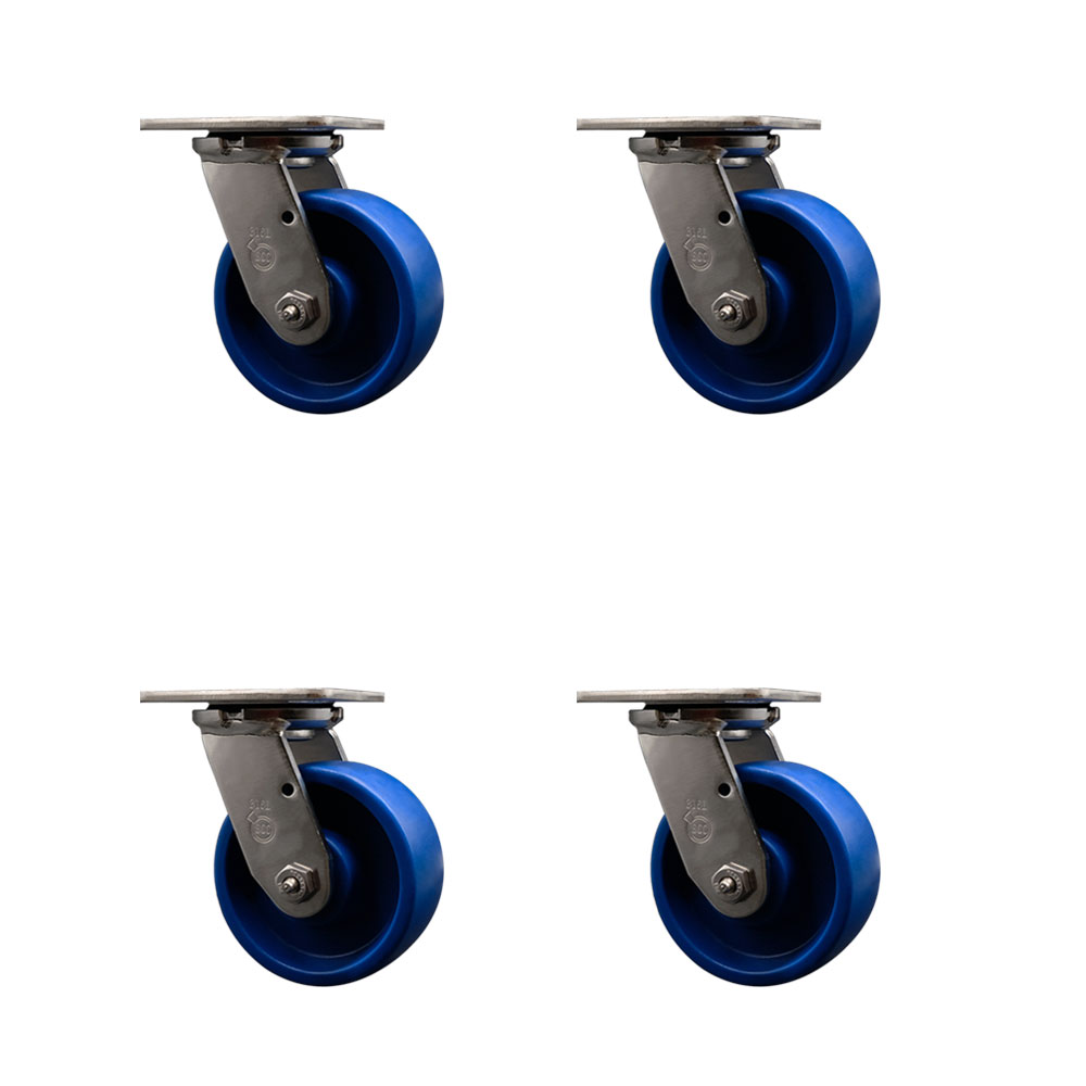 316 Stainless Steel Heavy Duty Swivel Caster with 5 in. Solid Polyurethane Wheels & Ball Bearings - 4000 lbs Total Capacity - Set of 4