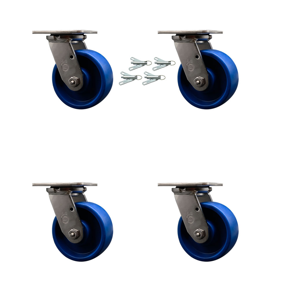 316 Stainless Steel Heavy Duty Swivel Caster with 5 in. Solid Polyurethane Wheels & Ball Bearings - 4000 lbs Total Capacity - Set of 4