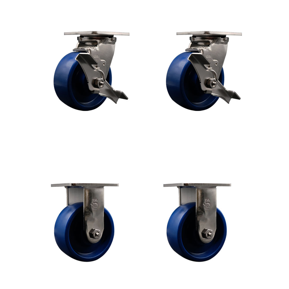 316 Stainless Steel Heavy Duty Swivel Caster with 5 in. Solid Polyurethane Wheels & Ball Bearings - 4000 lbs Total Capacity - Set of 4