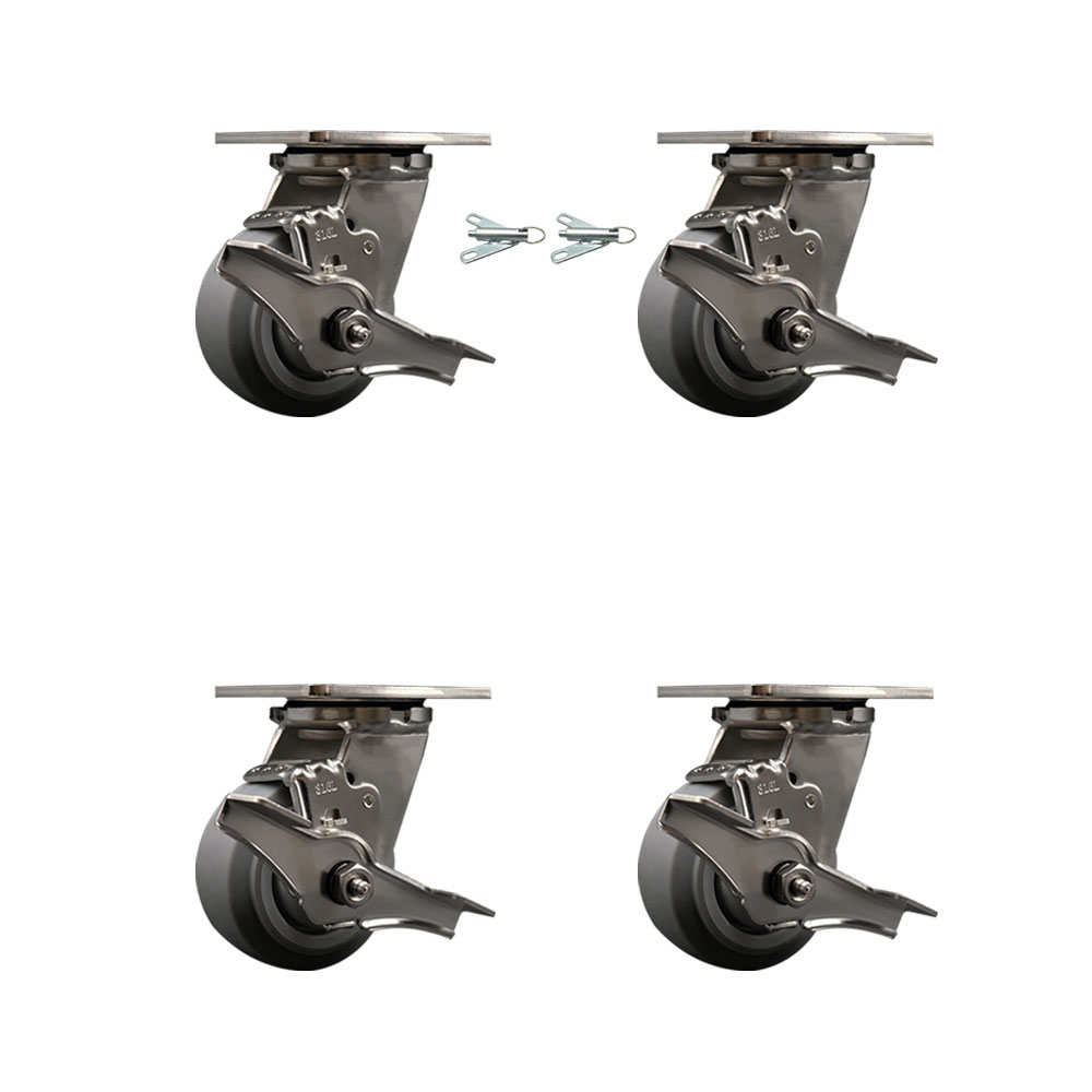 316 Stainless Steel Heavy Duty Swivel Caster Set with 4 in. Thermoplastic Rubber Flat Tread Wheels & Ball Bearing