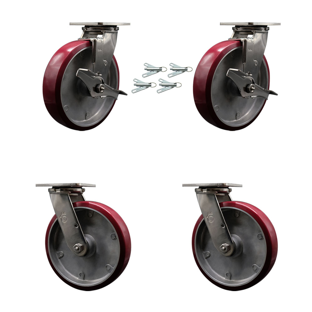 SCC-SS31630S820-PAB-TLB-BSL-2-BSL-2 316 Stainless Steel Heavy Duty Swivel Caster Set with 8 in. Poly on Aluminum Wheels & Ball Bearing
