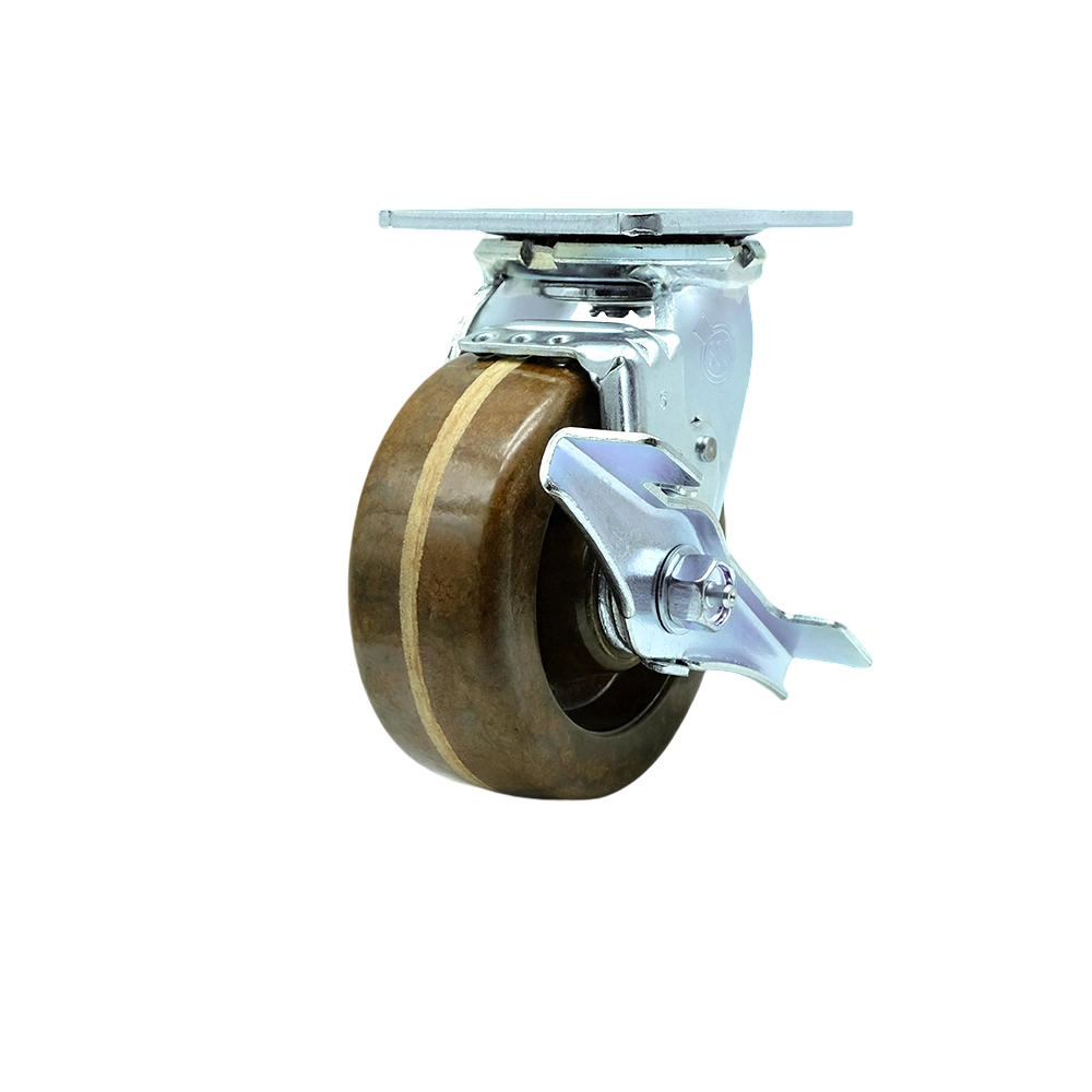 Heavy Duty Swivel Top Plate Caster with Top Lock Brake & 5 in. High Temperature Phenolic Wheel with Bronze Bearings - 1000 lbs Capacity per Caster