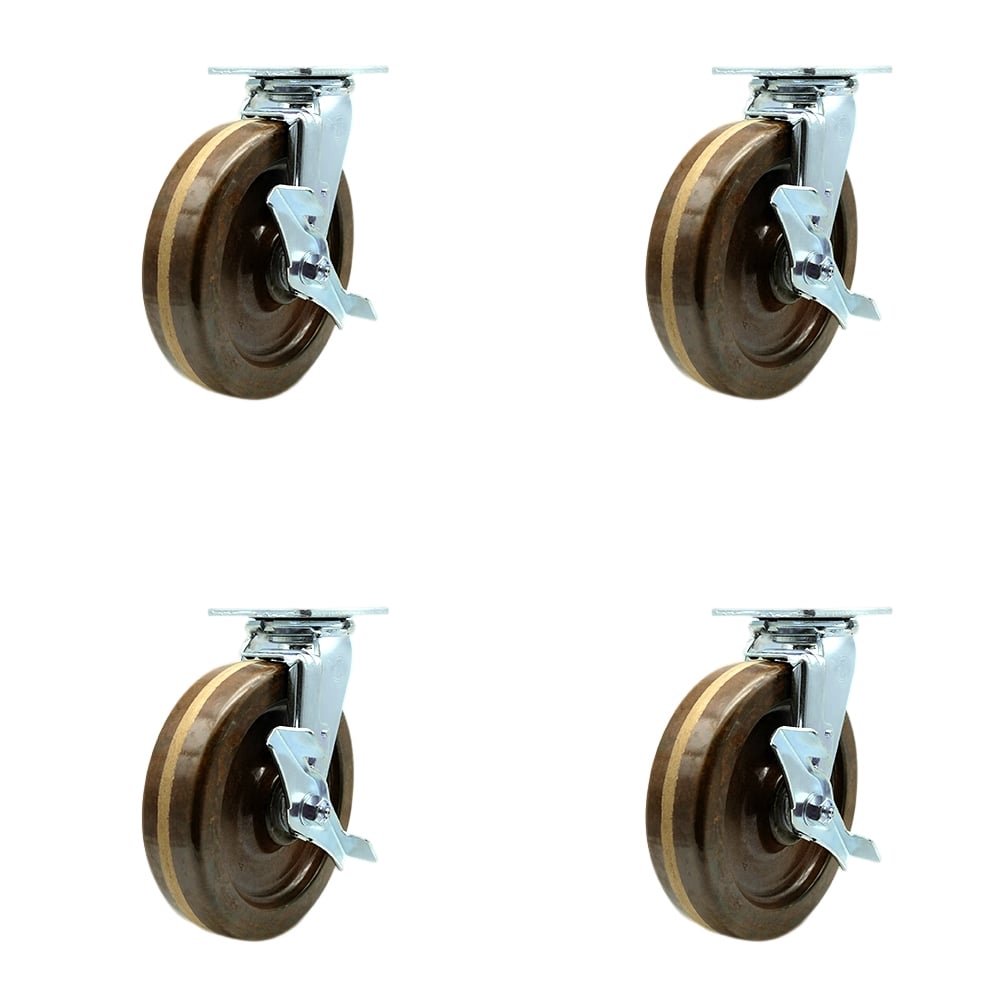 SCC-30CS820-PHBZHT-TLB-4 Heavy Duty Swivel Caster with 8 in. High Temperature Phenolic Wheels & Bronze Bearings - 5000 lbs Total Capacity - Set of 4