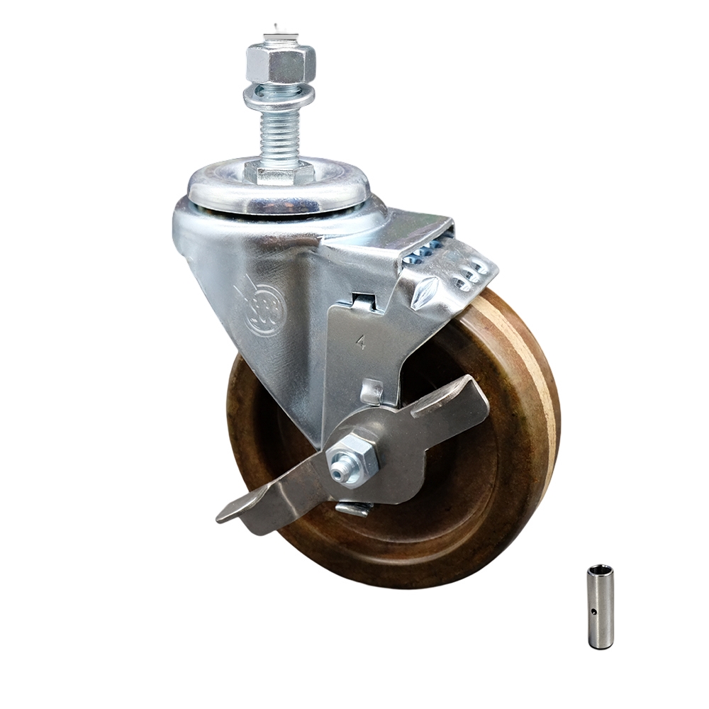 Stainless Steel High Temperature Phenolic Swivel Threaded Stem Caster with 4 x 1.25 in. Brown Wheel & 0.5 in. Stem & Top Locking Brake