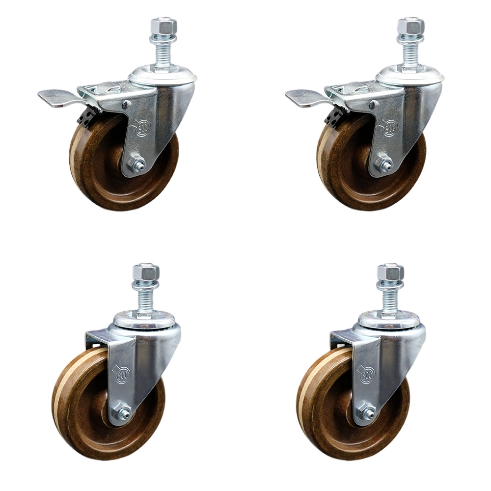 Stainless Steel High Temperature Phenolic Swivel Threaded Stem Caster with 4 x 1.25 in. Brown Wheels & 12 mm Stems - Set of 4