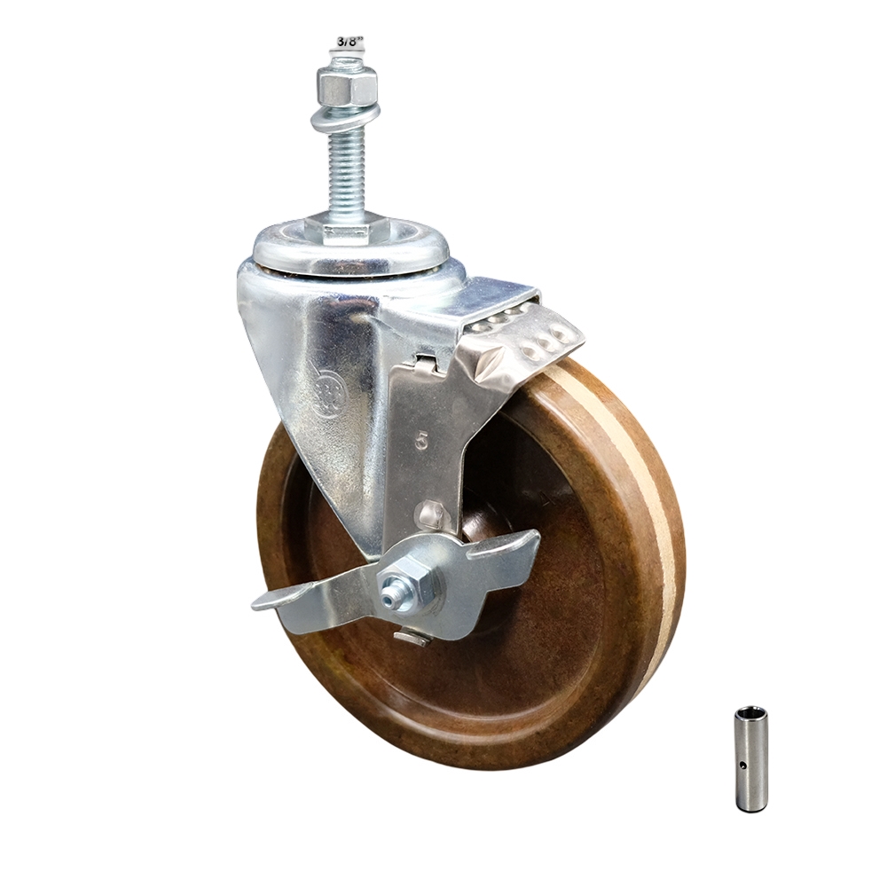 Stainless Steel High Temperature Phenolic Swivel Threaded Stem Caster with 5 x 1.25 in. Brown Wheel & 0.38 in. Stem & Top Locking Brake