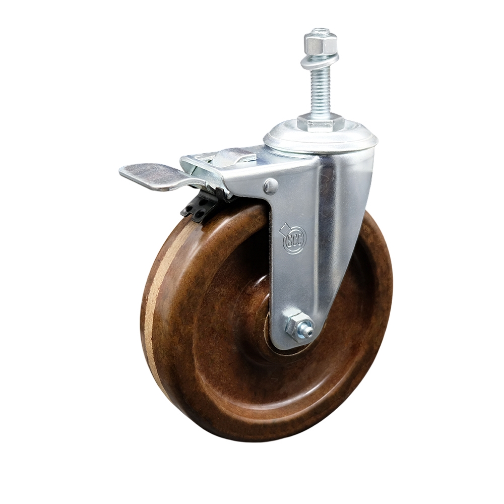 Stainless Steel High Temperature Phenolic Swivel Threaded Stem Caster with 5 x 1.25 in. Brown Wheel & 0.38 in. Stem & Total Locking Brake