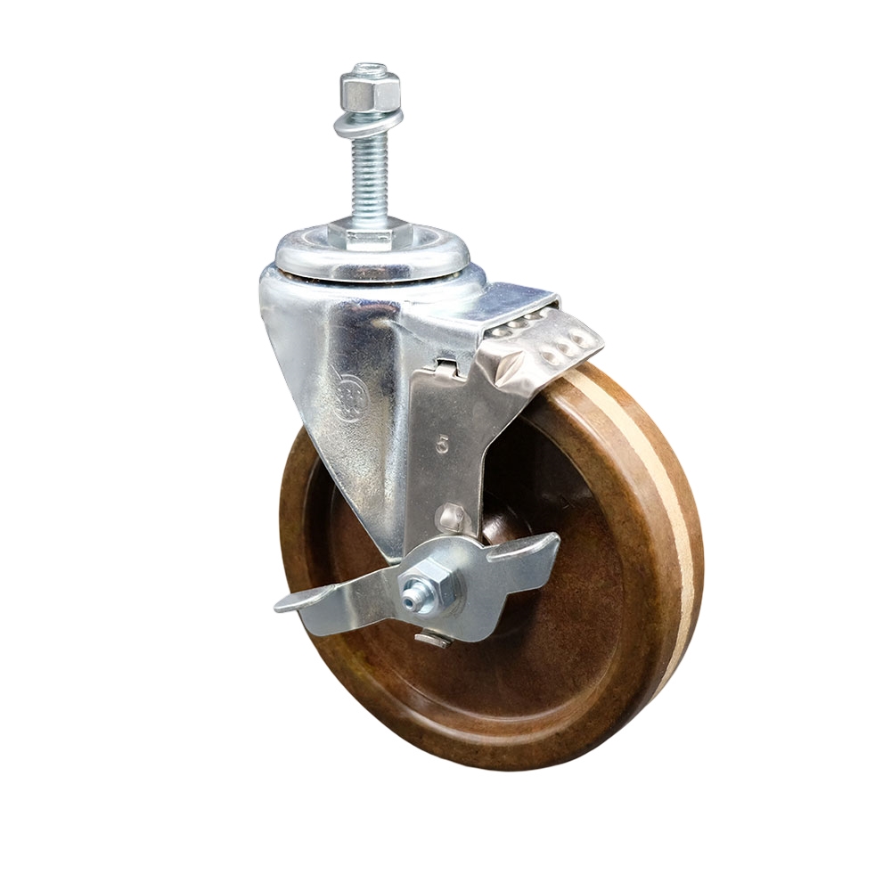Stainless Steel High Temperature Phenolic Swivel Threaded Stem Caster with 5 x 1.25 in. Brown Wheel & 10 mm Stem & Top Locking Brake
