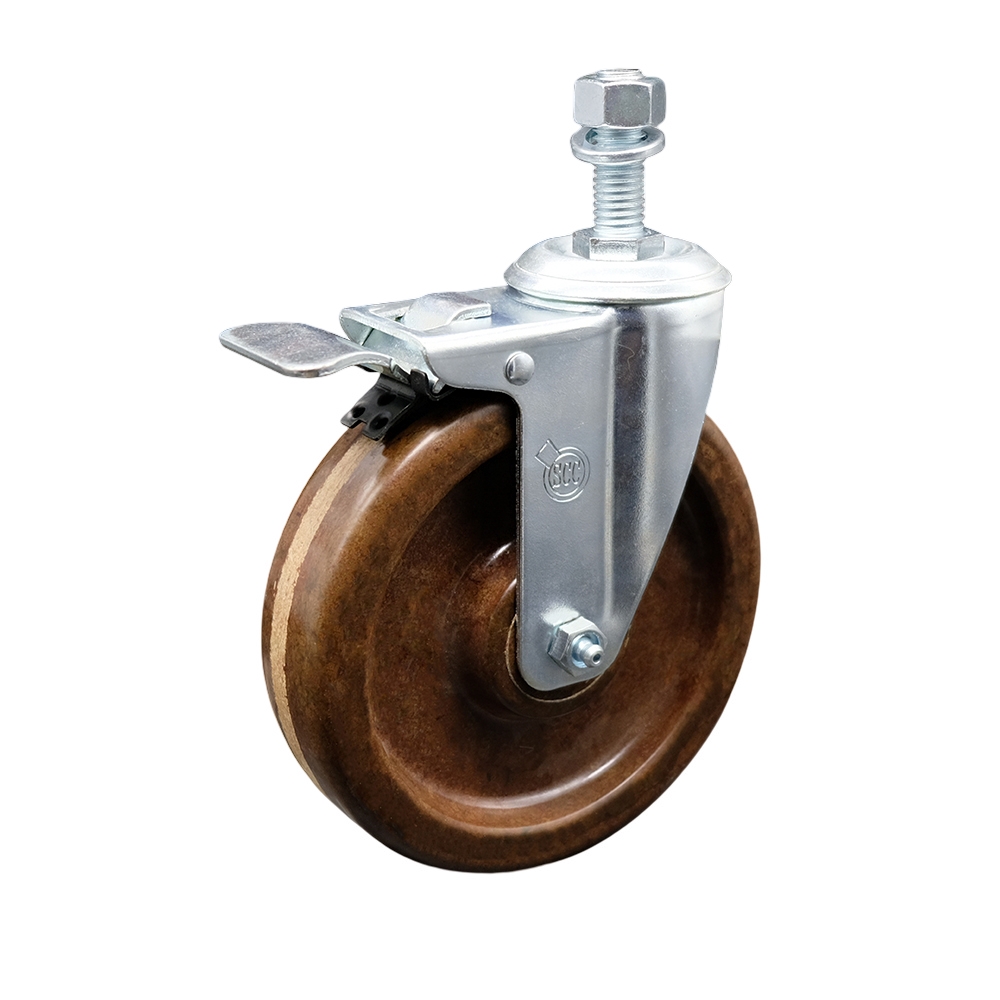Stainless Steel High Temperature Phenolic Swivel Threaded Stem Caster with 5 x 1.25 in. Brown Wheel & 12 mm Stem & Total Locking Brake