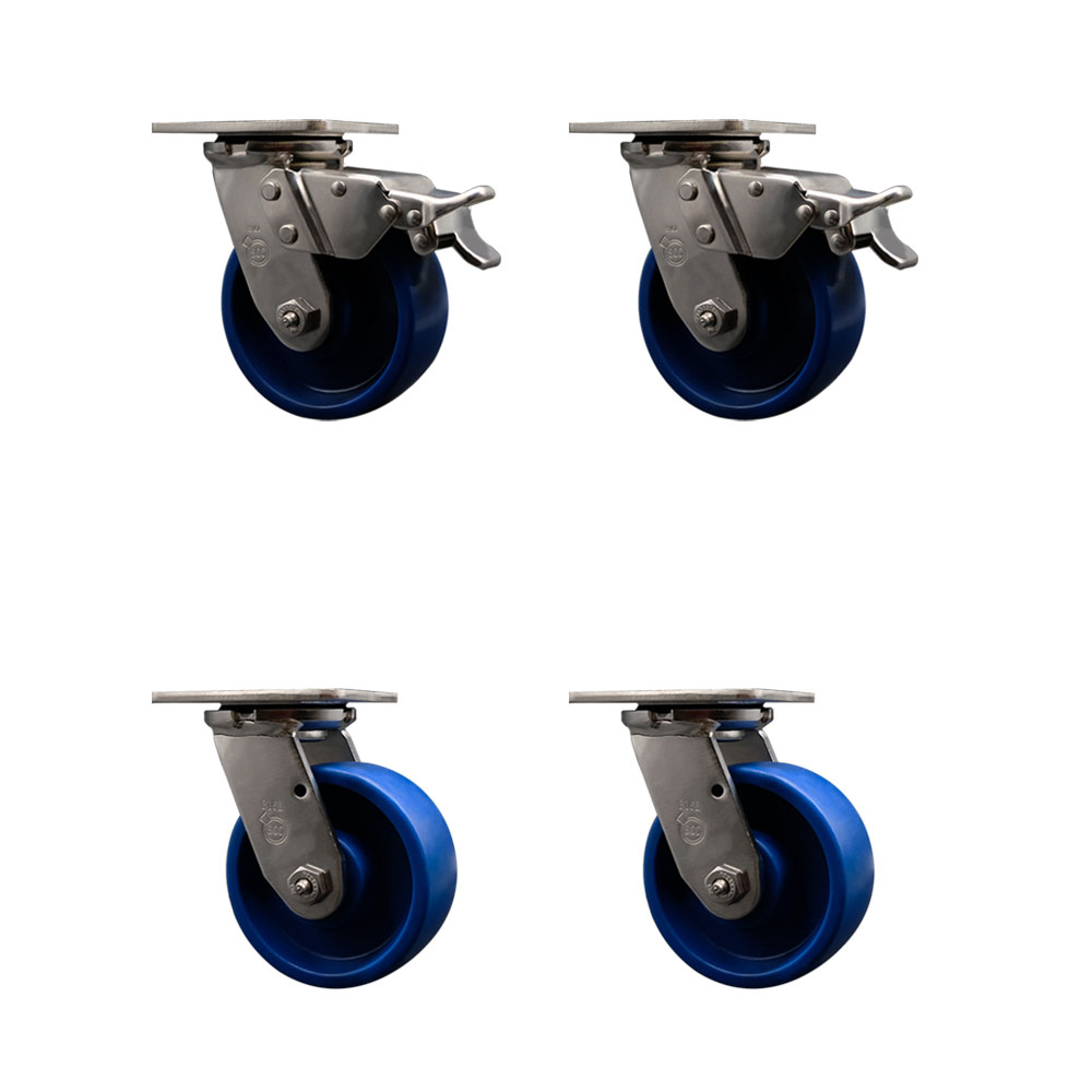 316 Stainless Steel Heavy Duty Swivel Caster with 5 in. Solid Polyurethane Wheels & Ball Bearings - 4000 lbs Total Capacity - Set of 4