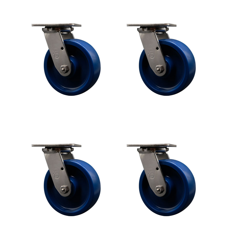 316 Stainless Steel Heavy Duty Swivel Caster with 6 in. Solid Polyurethane Wheels & Ball Bearings - 4800 lbs Total Capacity - Set of 4