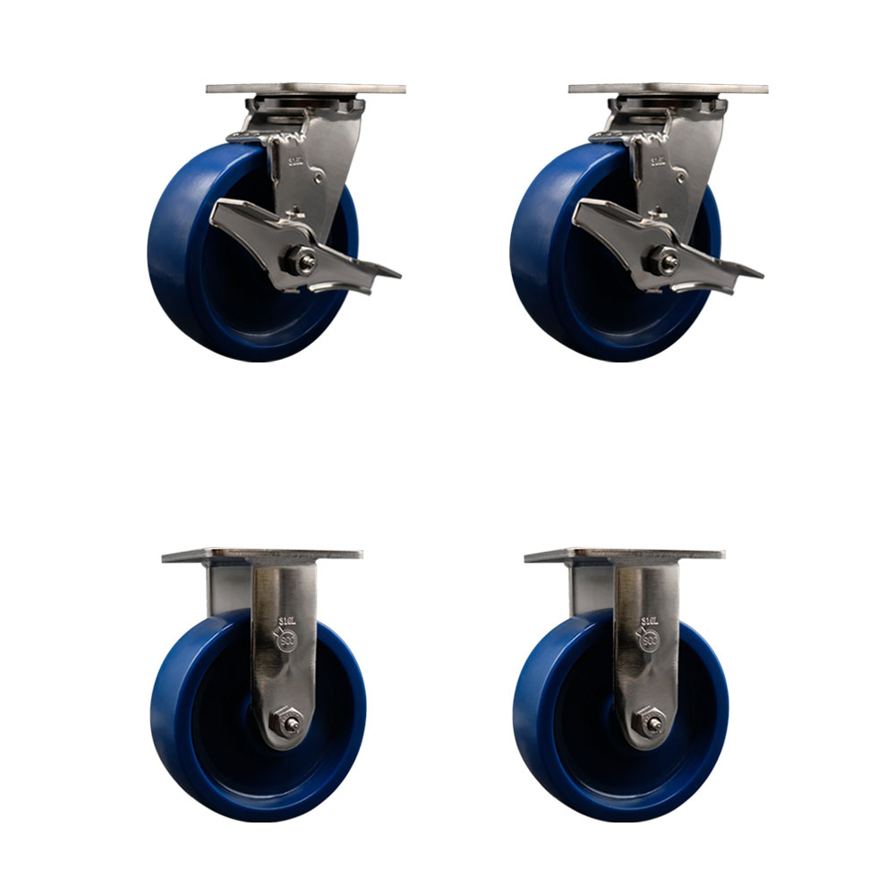 316 Stainless Steel Heavy Duty Swivel Caster with 6 in. Solid Polyurethane Wheels & Ball Bearings - 4800 lbs Total Capacity - Set of 4