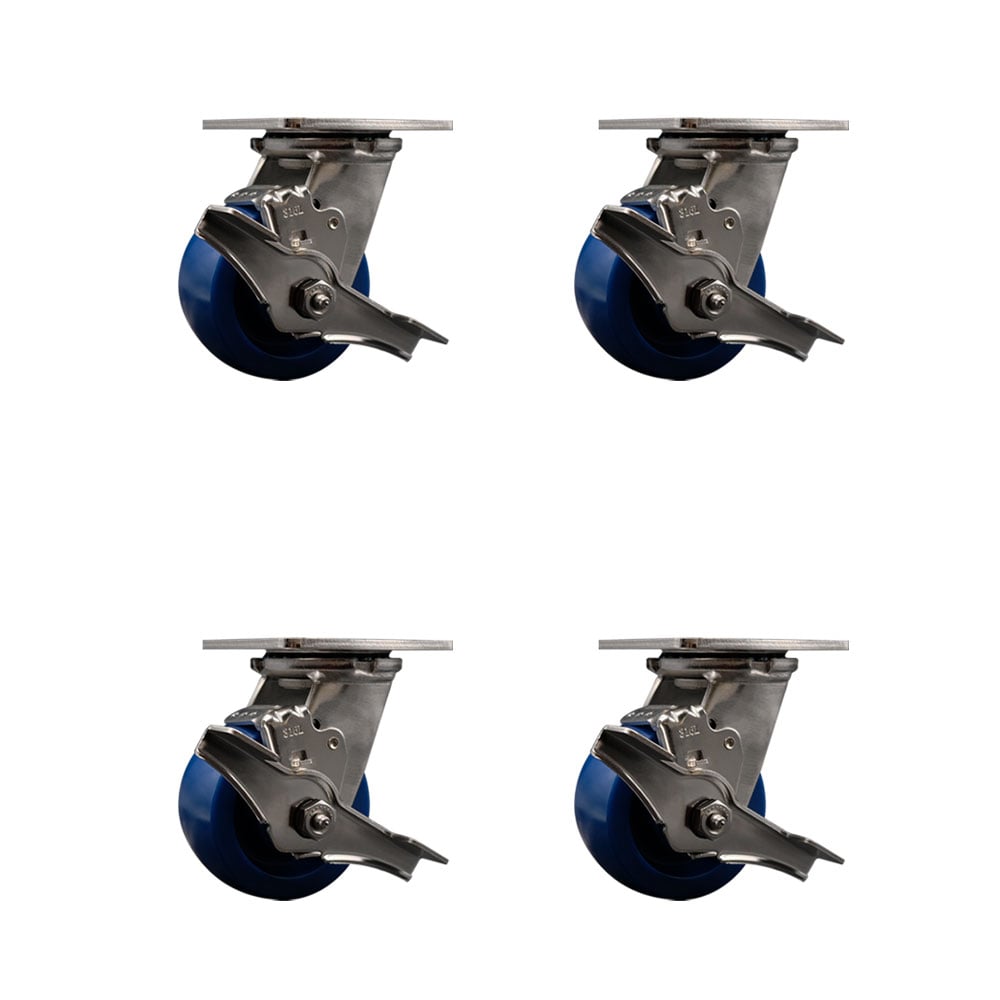 316 Stainless Steel Heavy Duty Swivel Caster with 4 in. Solid Polyurethane Wheels & Delrin Bearings - 2800 lbs Total Capacity - Set of 4