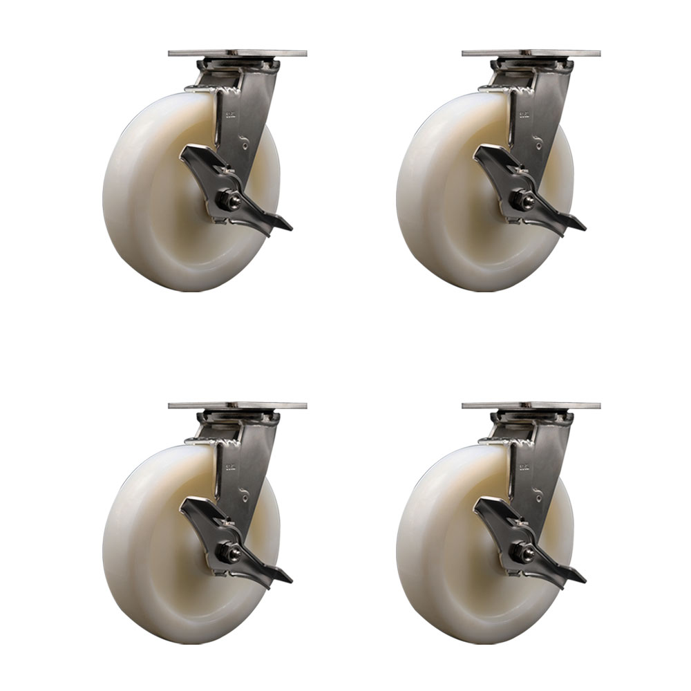Heavy Duty Stainless Steel Swivel Casters - 8in. Nylon Wheels - Set of 4 - 5000 lbs Capacity
