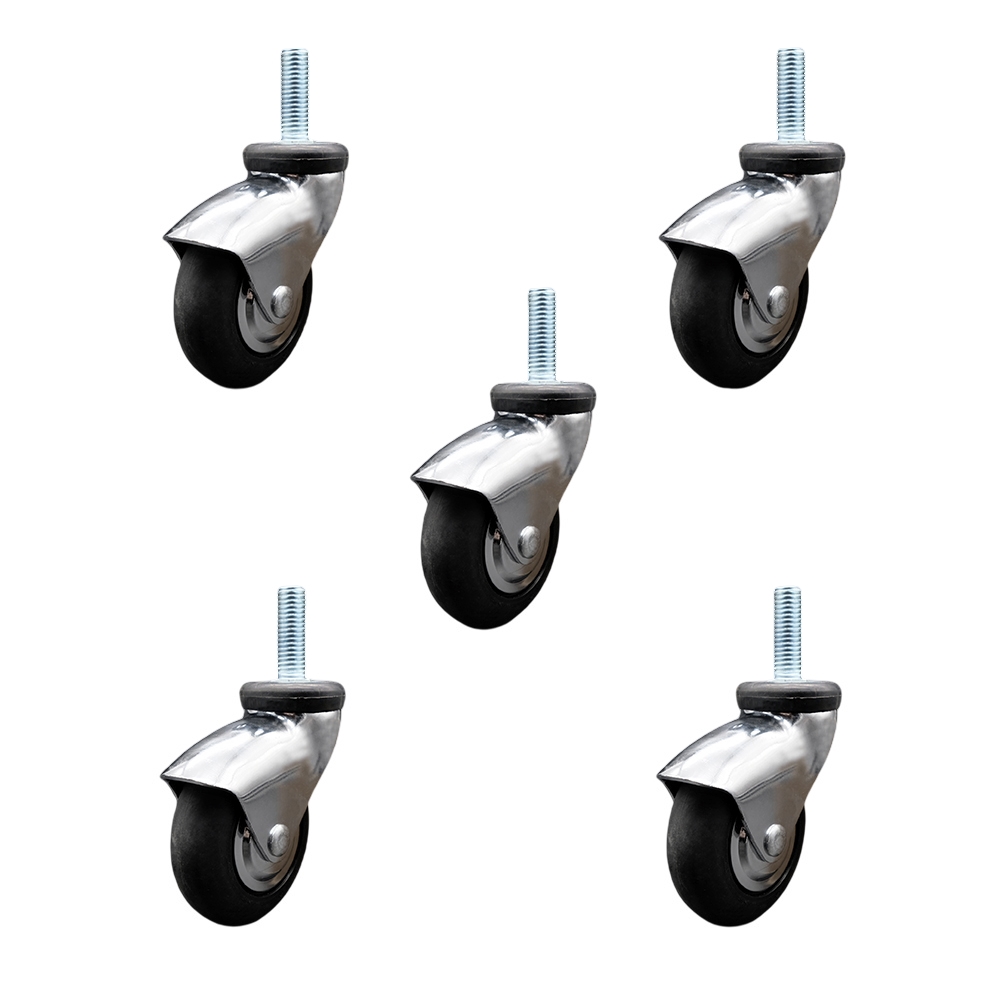 3 in. Swivel Caster Wheels for Furniture Bright Chrome Hooded Neoprene Rubber Wheel with 0.31 in. 18 TPI x 1 in. Threaded Stem - Set of 5