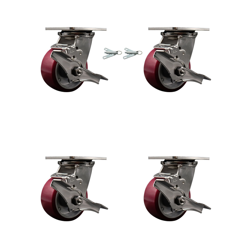 SCC-SS31630S420-PAB-TLB-BSL-2-TLB-2 316 Stainless Steel Heavy Duty Swivel Caster Set with 4 in. Polyurethane on Aluminum Wheels & Ball Bearing