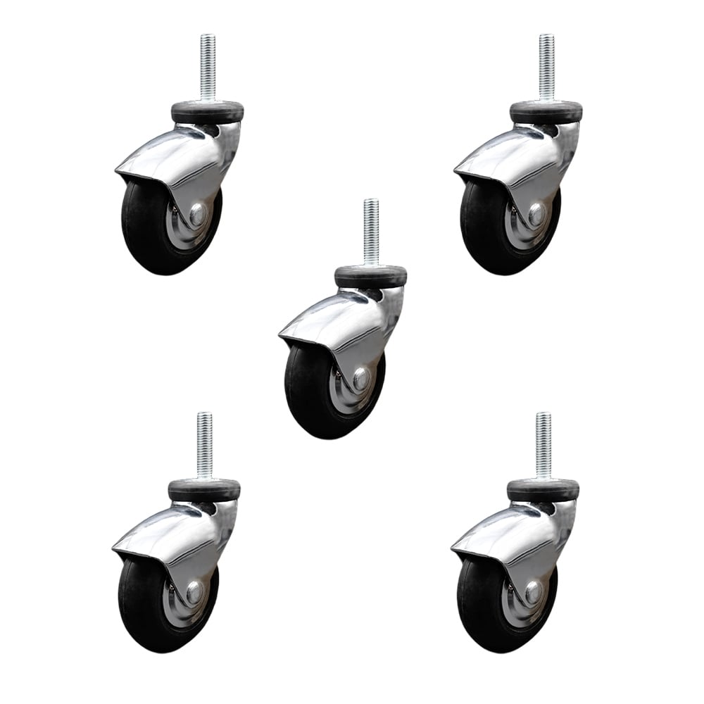 3 in. Swivel Caster Wheels for Furniture Bright Chrome Hooded Neoprene Rubber Wheel with 8 mm 1.25 x 1.5 in. Threaded Stem - Set of 5