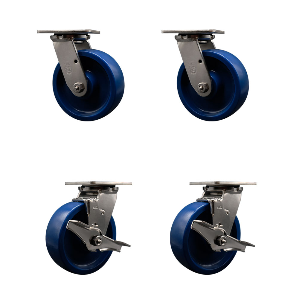 316 Stainless Steel Heavy Duty Swivel Caster with 6 in. Solid Polyurethane Wheels & Delrin Bearings - 4800 lbs Total Capacity - Set of 4