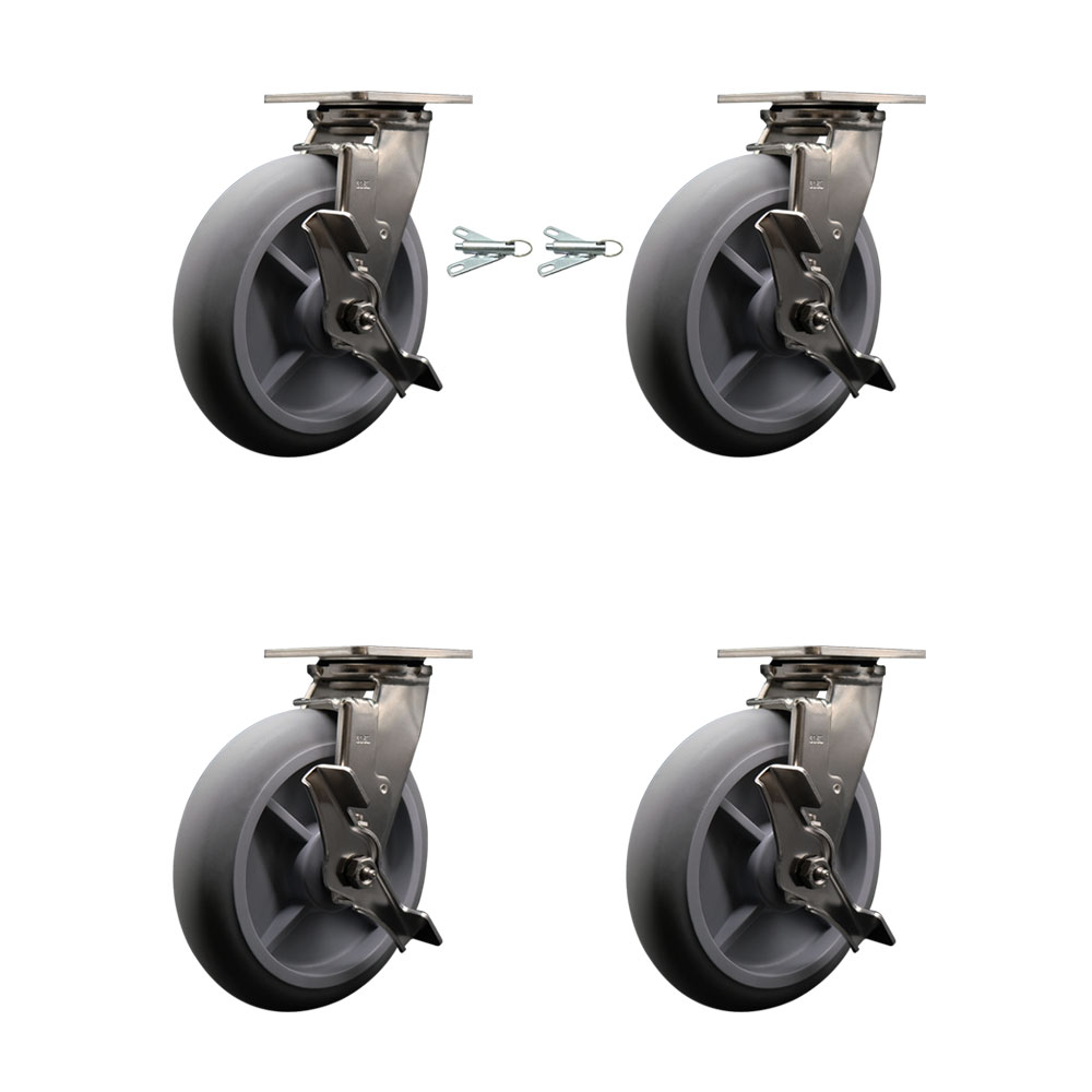 316 Stainless Steel Heavy Duty Swivel Caster Set with 8 in. Thermoplastic Rubber Donut Tread Wheels & Ball Bearing