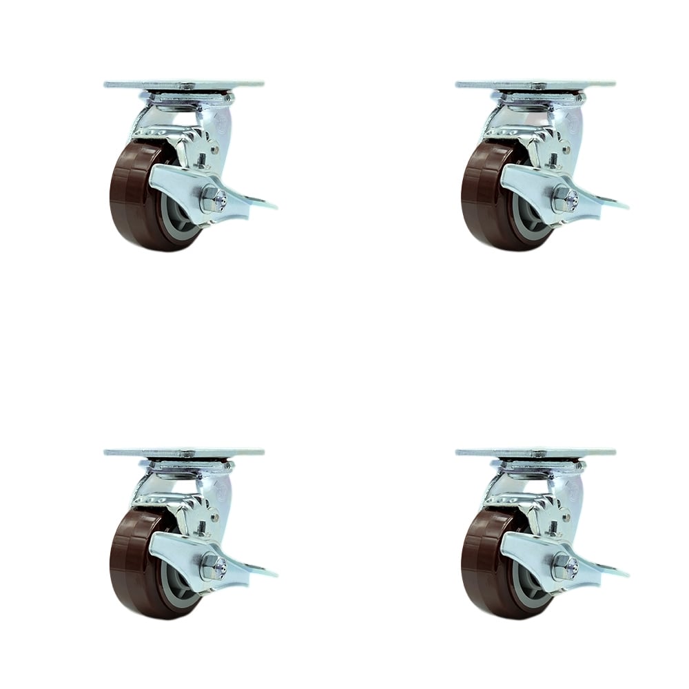 Stainless Steel Heavy Duty Swivel Caster with 4 in. Polyurethane Wheels & Delrin Bearings - 2400 lbs Total Capacity - Set of 4